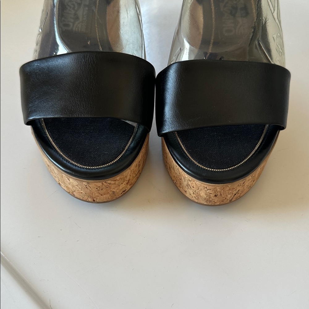 Salvatore Ferragamo Black Leather Cork Wedge Platform Sz 6 Sandals Made in Italy - Picture 4 of 16